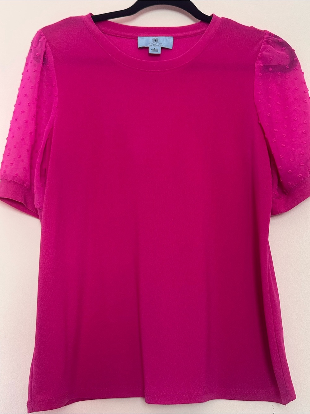 CeCe Fuchsia Swiss Dot Puff Sleeve Office Workwear Top Size S